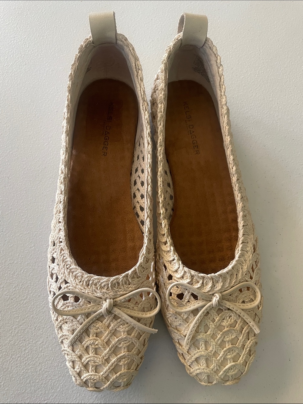 Kelsi Dagger Cream Crochet Bow Ballet Flats